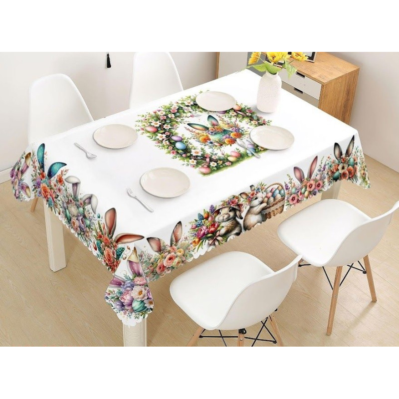 Obrus Biały Z Wzorem Świątecznym Wielkanoc Zajączki