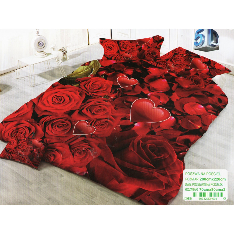 Pościel 3D Satyna Bawełniana 140/200 2cz Czerwone Róże Walentynki