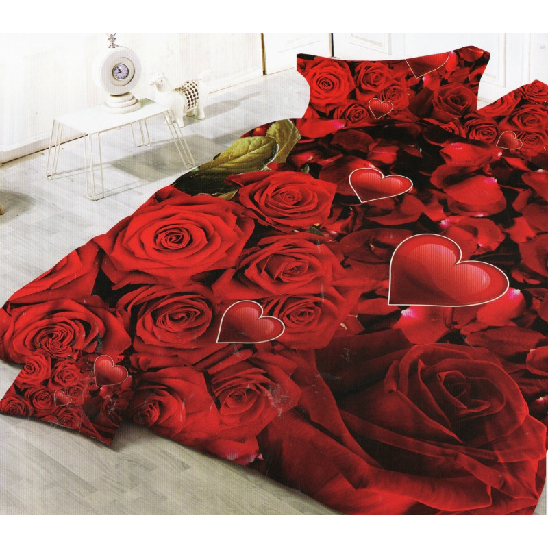 Pościel 3D Satyna Bawełniana 140/200 2cz Czerwone Róże Walentynki