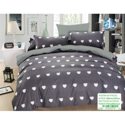 Pościel 3D Satyna Bawełniana 220/200 3cz Szara W Białe Serduszka