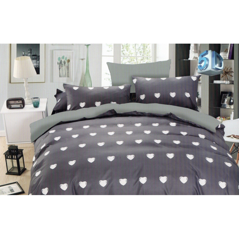 Pościel 3D Satyna Bawełniana 220/200 3cz Szara W Białe Serduszka