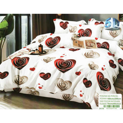 Pościel 3D Satyna Bawełniana 160/200 3cz Serca Czerwono Szare