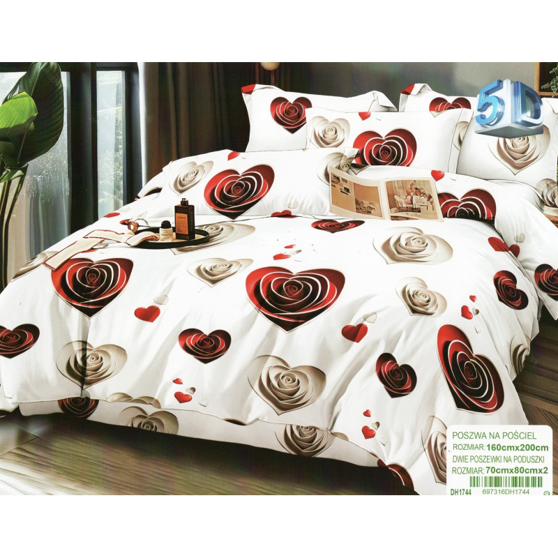 Pościel 3D Satyna Bawełniana 160/200 3cz Serca Czerwono Szare