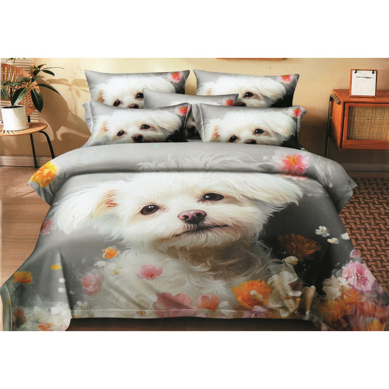 Pościel 3D Satyna Bawełniana 140/200(4cz) Z prześcieradłem Maltańczyk