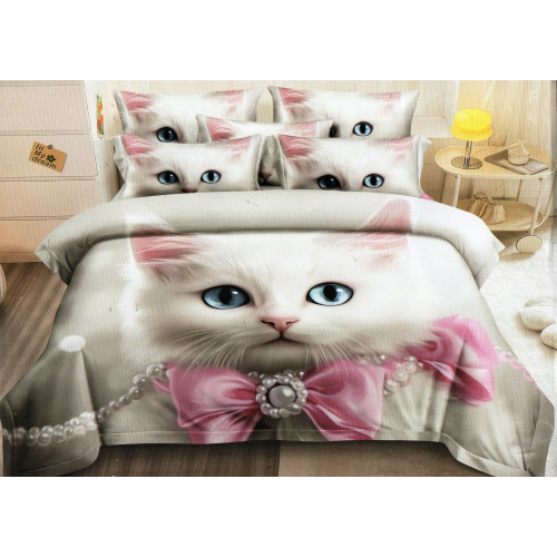 Pościel 3D Satyna Bawełniana 140/200(4cz) Z prześcieradłem Kotek