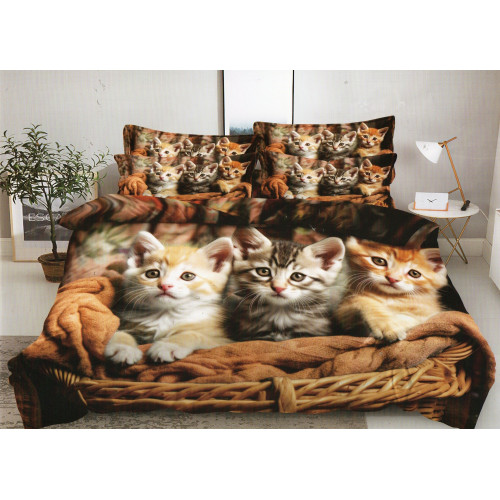 Pościel 3D Satyna Bawełniana 140/200(4cz) Z prześcieradłem Kotki W Kos..