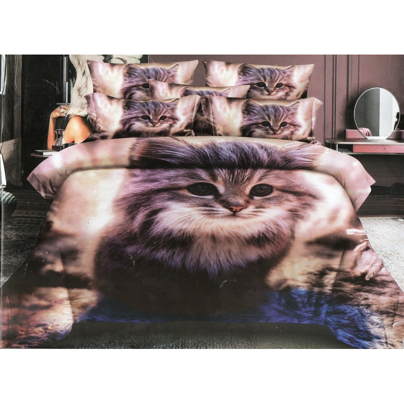 Pościel 3D Satyna Bawełniana 140/200(4cz) Z prześcieradłem Kot