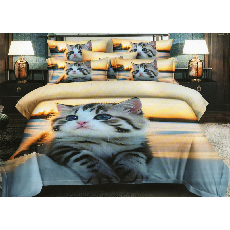 Pościel 3D Satyna Bawełniana 140/200(4cz) Z prześcieradłem Kot