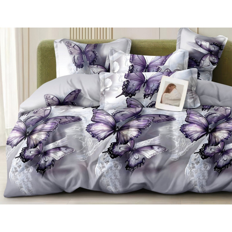 Pościel 3D Satyna Bawełniana 220/200 3cz Fioletowe Motyle