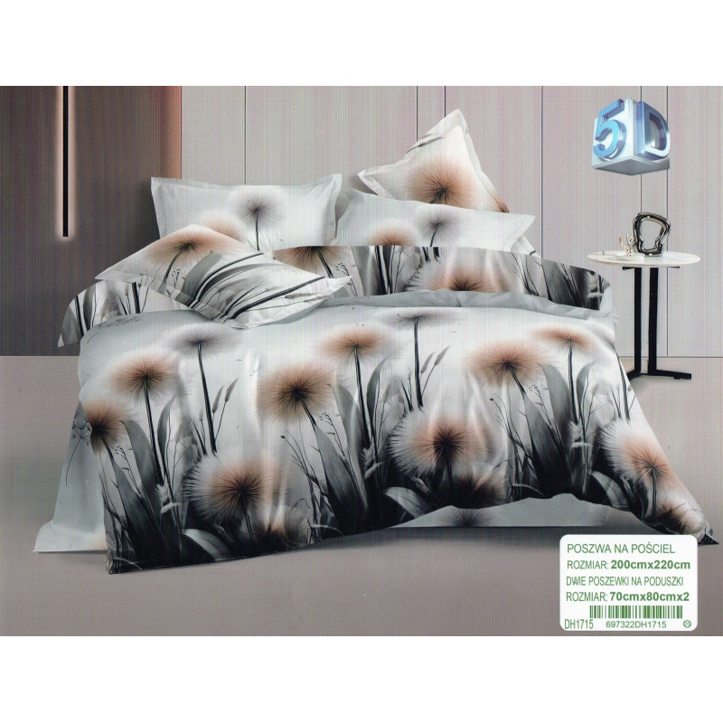 Pościel 3D Satyna Bawełniana 220/200 3cz Beżowe Dmuchawce