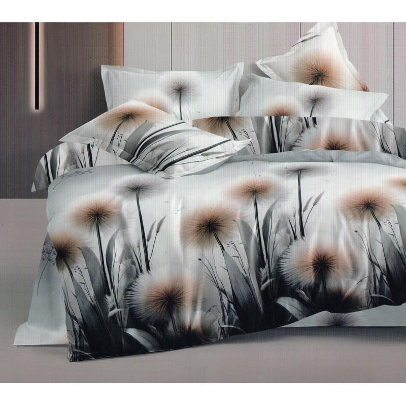 Pościel 3D Satyna Bawełniana 220/200 3cz Beżowe Dmuchawce