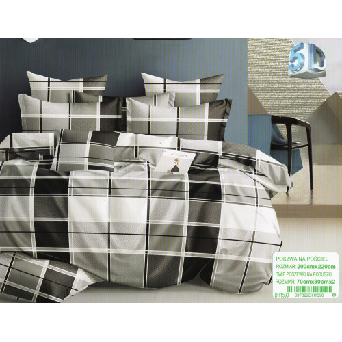 Pościel 3D Satyna Bawełniana 220/200 3cz Szara Krata