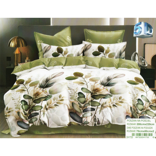 Pościel 3D Satyna Bawełniana 220/200 3cz Zielone Liscie