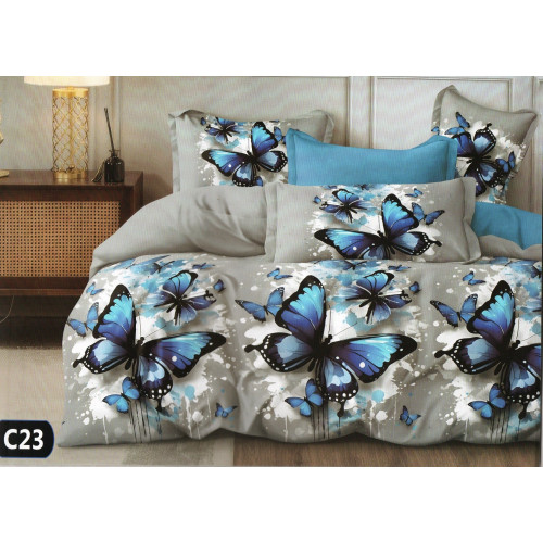 Pościel 3D Satyna Bawełniana 220/200 Z Prześcieradłem Niebieskie Motyl...