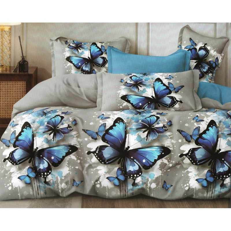 Pościel 3D Satyna Bawełniana 220/200 Z Prześcieradłem Niebieskie Motyl...