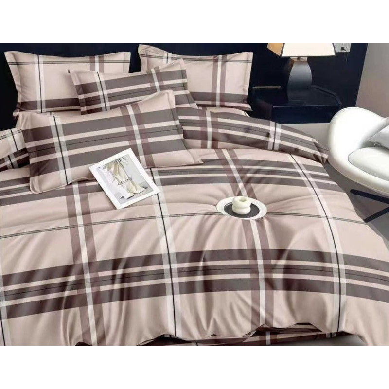 Pościel 3D Satyna Bawełniana 160/200 3cz Krata Beżowa