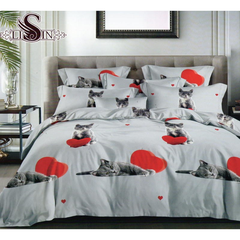 Pościel 3D Satyna Bawełniana 160x200 3cz Kotek Z Serduszkiem