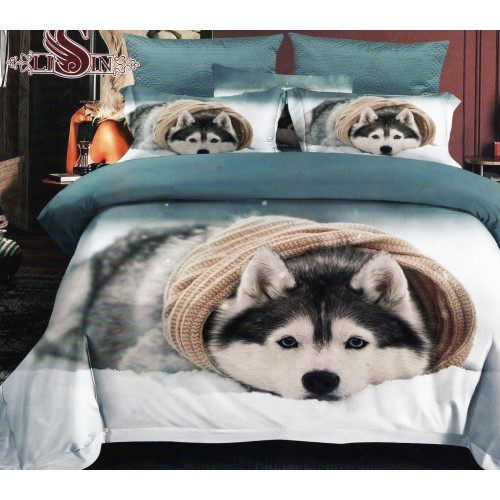 Pościel 3D Satyna Bawełniana 160x200 3cz Husky z Szalikiem