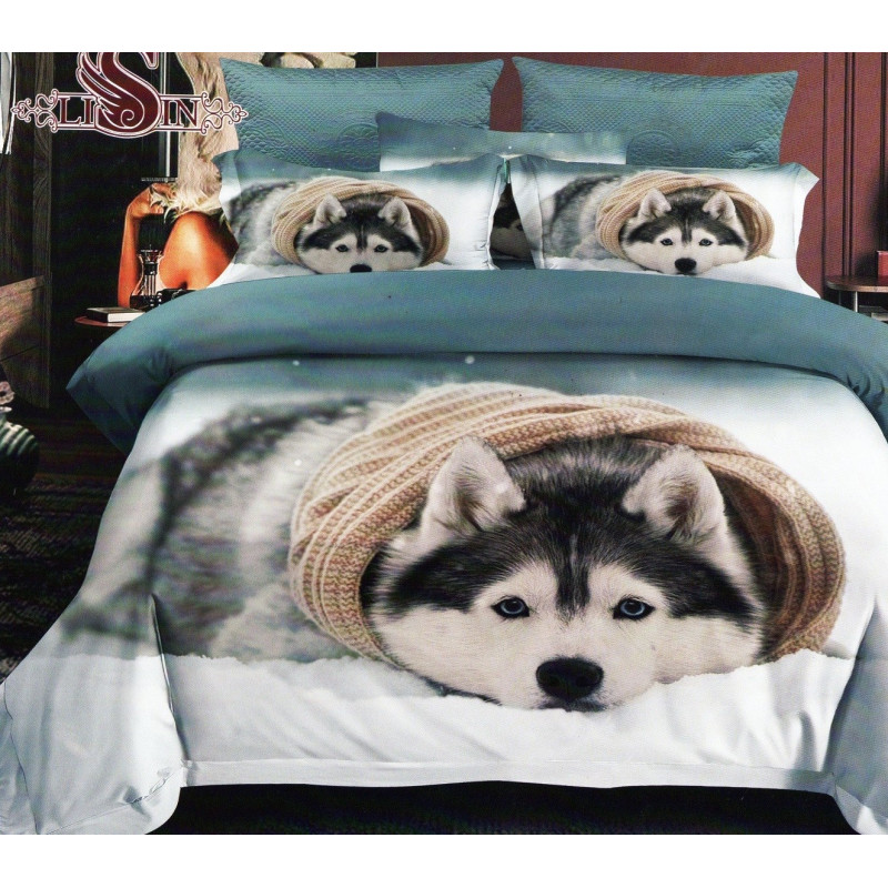 Pościel 3D Satyna Bawełniana 160x200 3cz Husky z Szalikiem