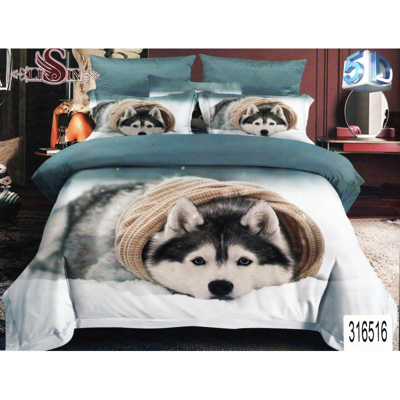 Pościel 3D Satyna Bawełniana 160x200 3cz Husky z Szalikiem