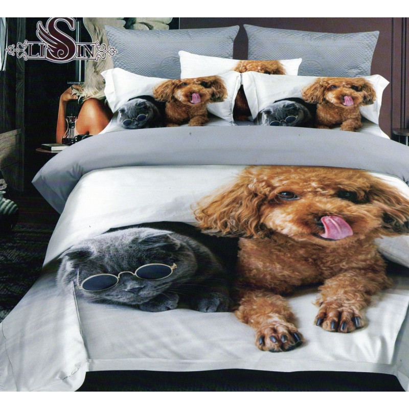 Pościel 3D Satyna Bawełniana 160x200 3cz Pies i Kot