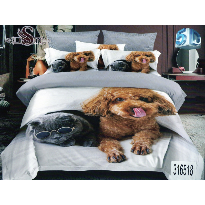 Pościel 3D Satyna Bawełniana 160x200 3cz Pies i Kot