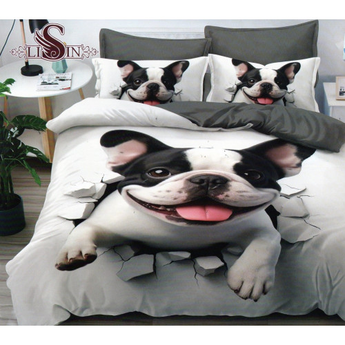 Pościel 3D Satyna Bawełniana 160x200 3cz Pies Buldog
