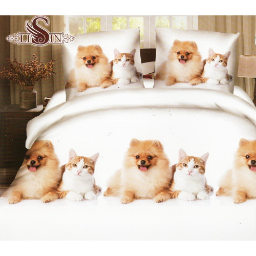 Pościel 3D Satyna Bawełniana 160x200 3cz Pies i Kot