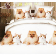 Pościel 3D Satyna Bawełniana 160x200 3cz Pies i Kot