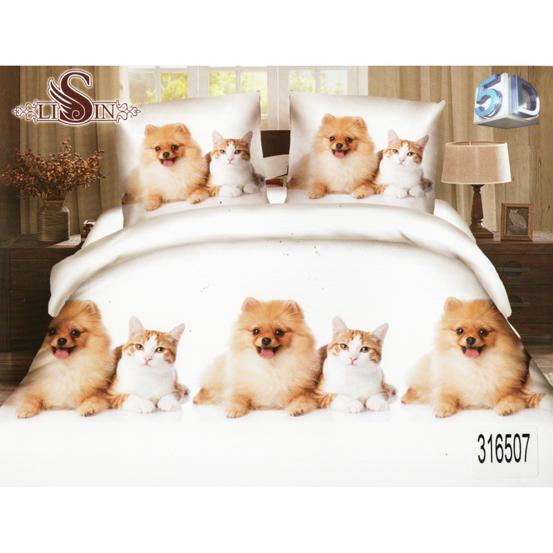 Pościel 3D Satyna Bawełniana 160x200 3cz Pies i Kot