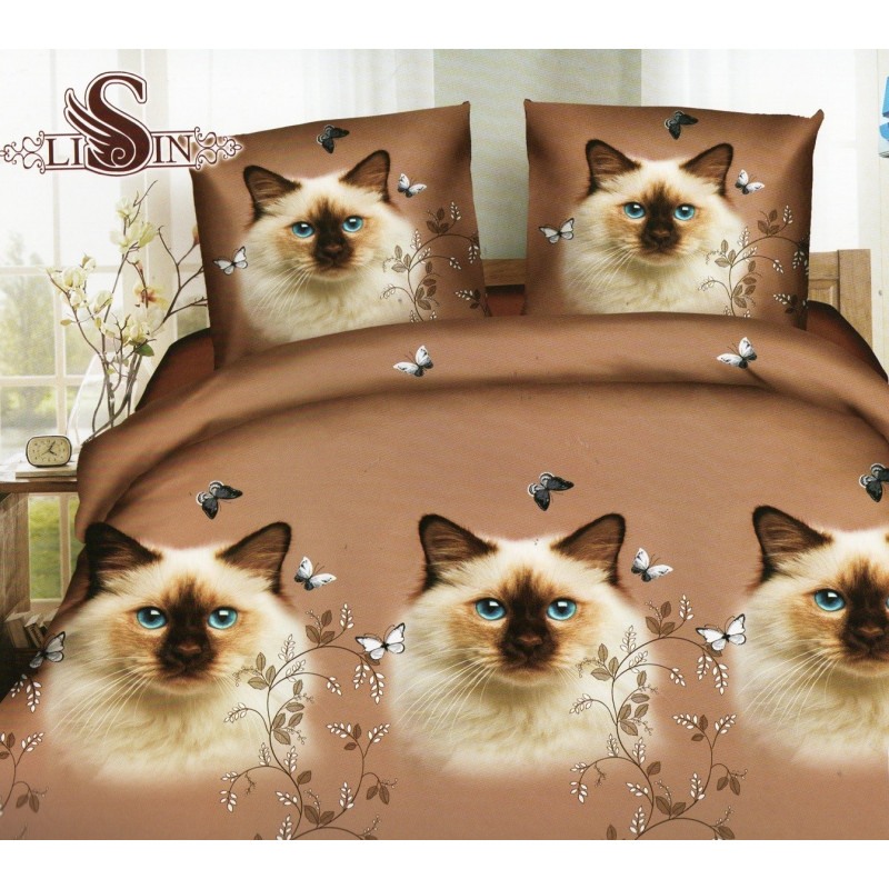 Pościel 3D Satyna Bawełniana 160x200 3cz Koty Z Niebieskimi Oczami