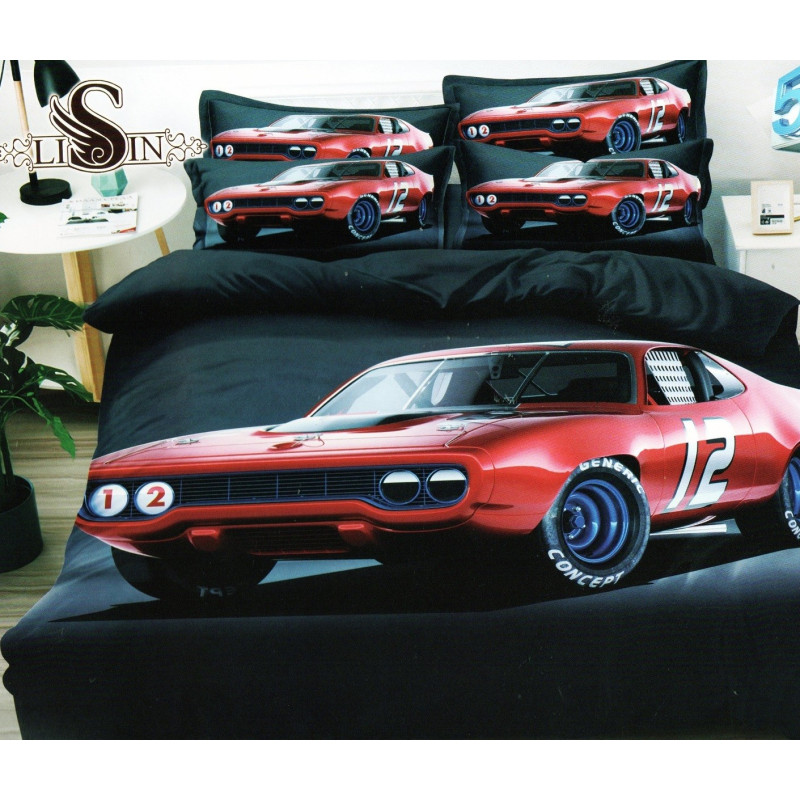 Pościel 3D Satyna Bawełniana 160x200 3cz Czerwone Auto