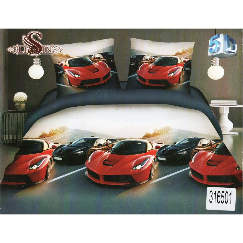 Pościel 3D Satyna Bawełniana 160x200 3cz Czerwone Auto Supercar