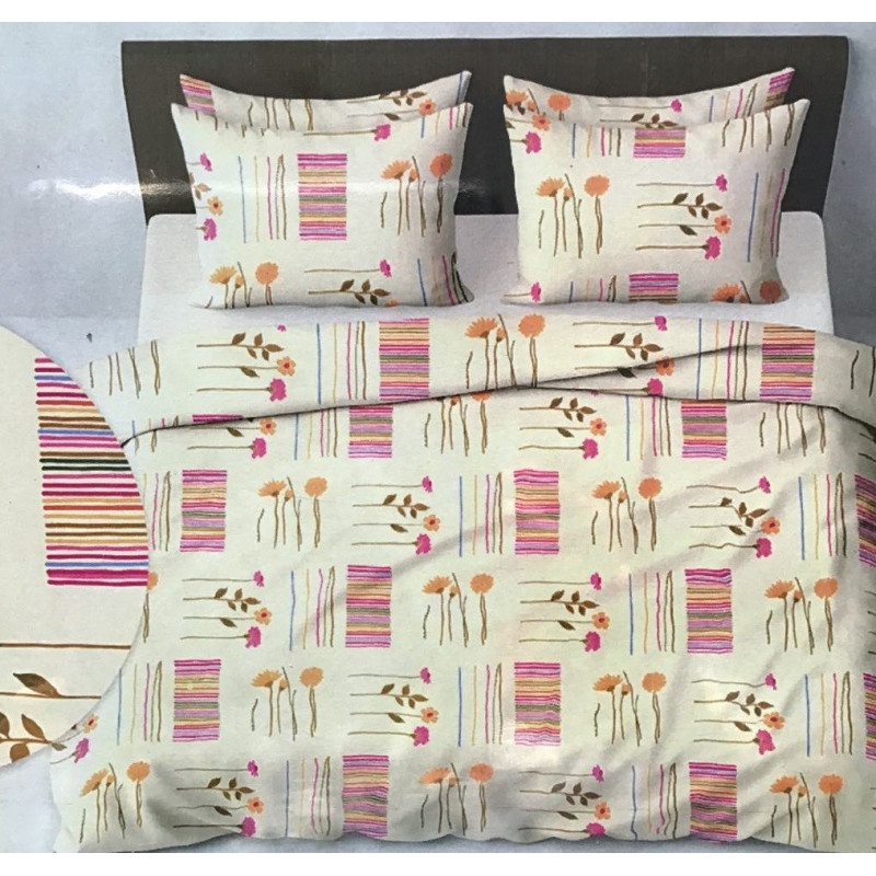 Komplet Pościeli Z Kory 100% Bawełna 220x200cm Kwiatki/Paski