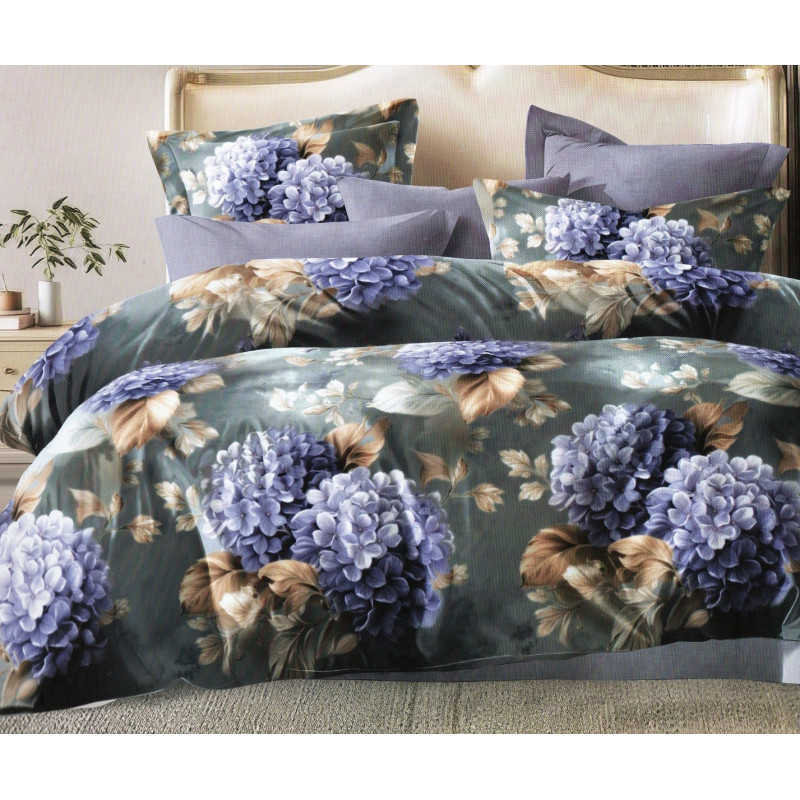 Pościel 3D Satyna Bawełniana 160x200 Z Prześcieradem Kwiaty Hortensje