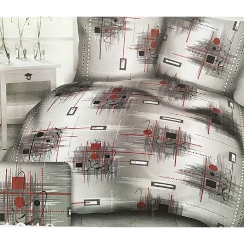 Komplet Pościeli Z Kory 100% Bawełna 160x200cm Grafika Szaro Czerwona