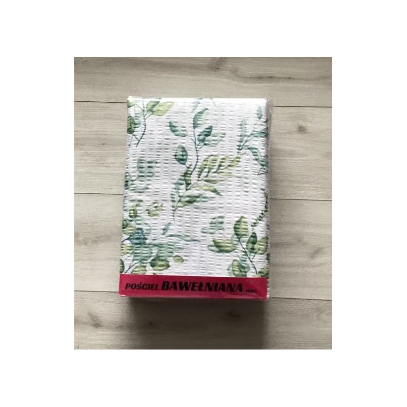 Komplet Pościeli Z Kory 100% Bawełna 220x200cm Zielone Liście Na Biały...