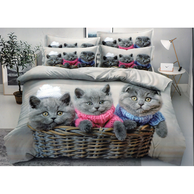 Pościel 3D Satyna Bawełniana 160x200 3cz Kotki W Koszyku