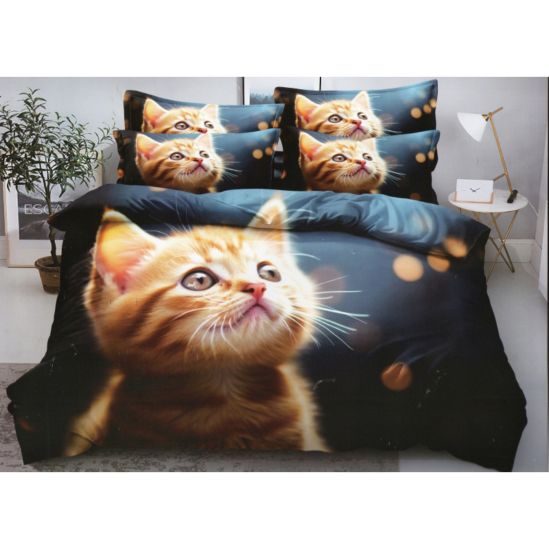 Pościel 3D Satyna Bawełniana 160x200 3cz Rudy Kot