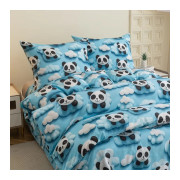 Pościel 3D Satyna Bawełniana 160x200 3cz Panda W Chmurach Niebieska