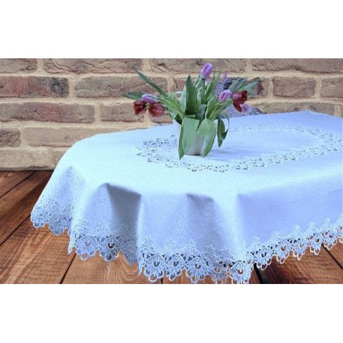 Obrus Owalny Biały Obszyty Elegancką Gipiurą