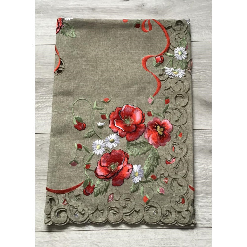 Bieżniki /Serwety Lniane Haftowane Beżowe w Czerwone Maki
