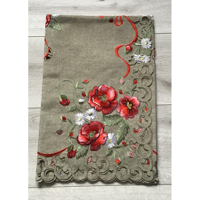 Bieżniki /Serwety Lniane Haftowane Beżowe w Czerwone Maki