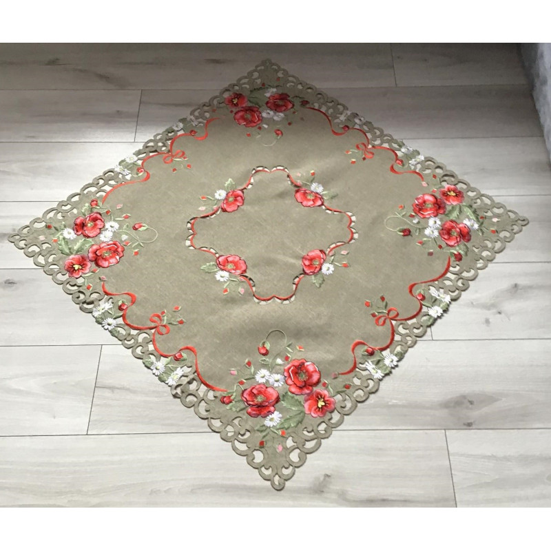 Bieżniki /Serwety Lniane Haftowane Beżowe w Czerwone Maki