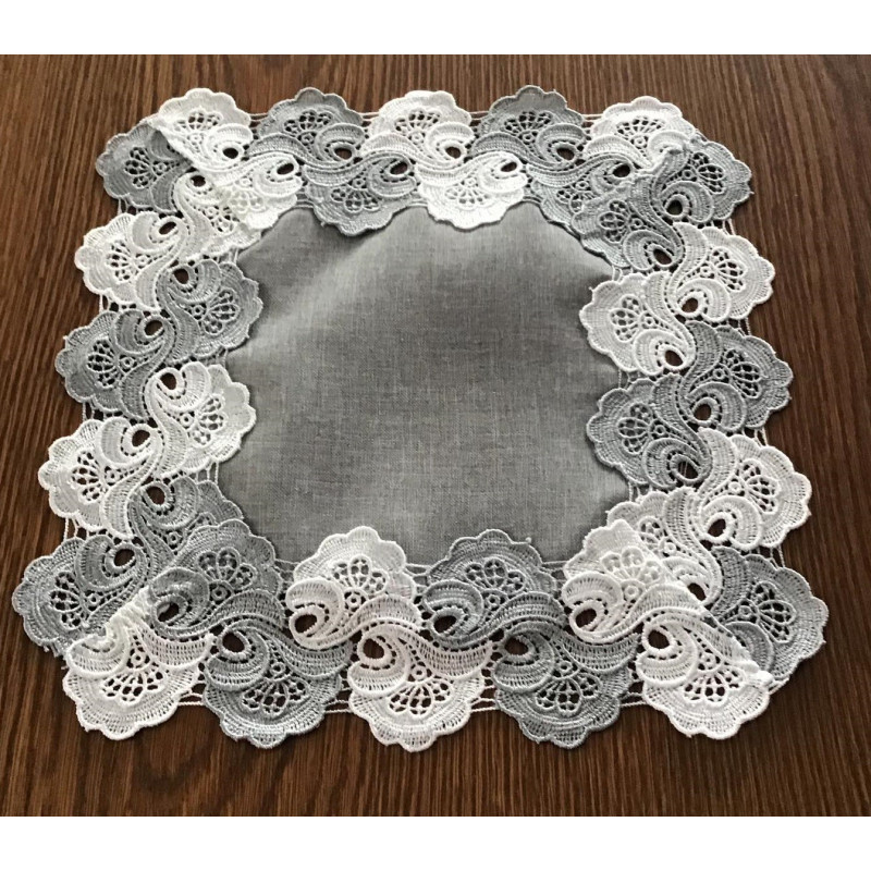 Serwetka 30cm lniana szara obszyta gipiurą