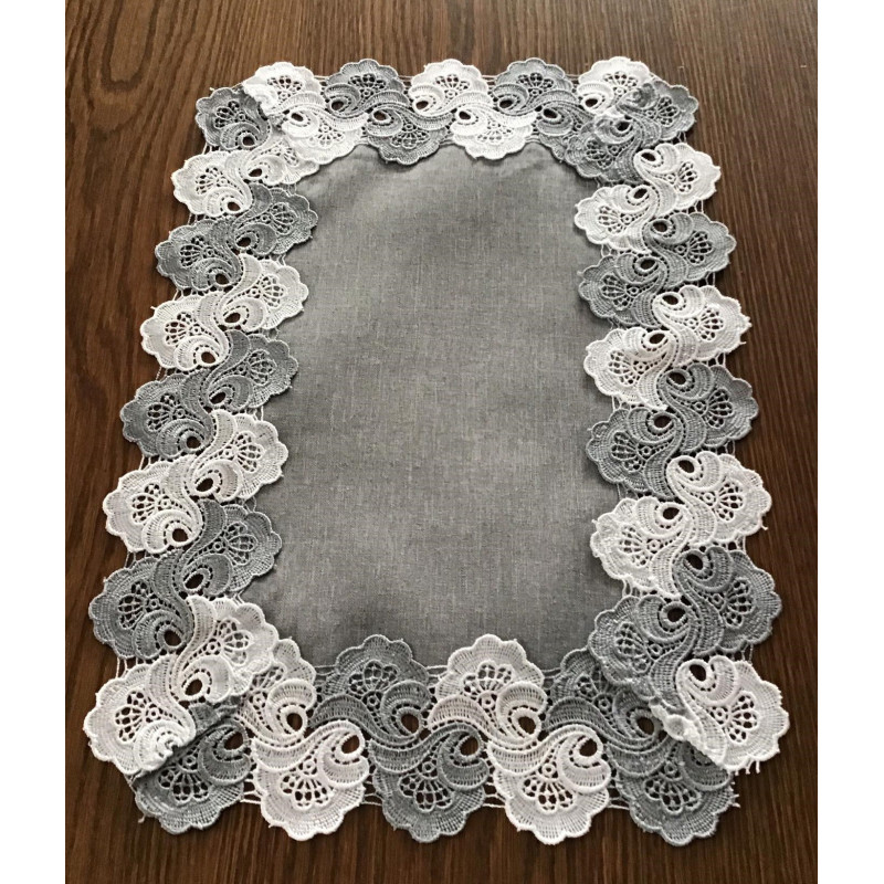 Serwetka 30x45cm Lniana Szara Obszyta Gipiurą