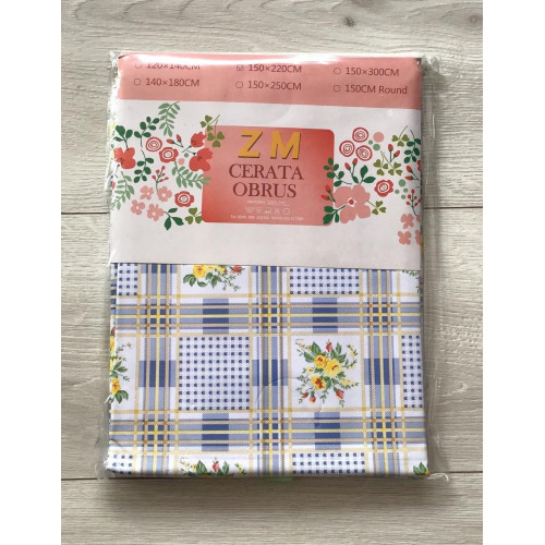 Obrus Ceratowy 150x220 Cm Krata Niebieska i Kwiaty