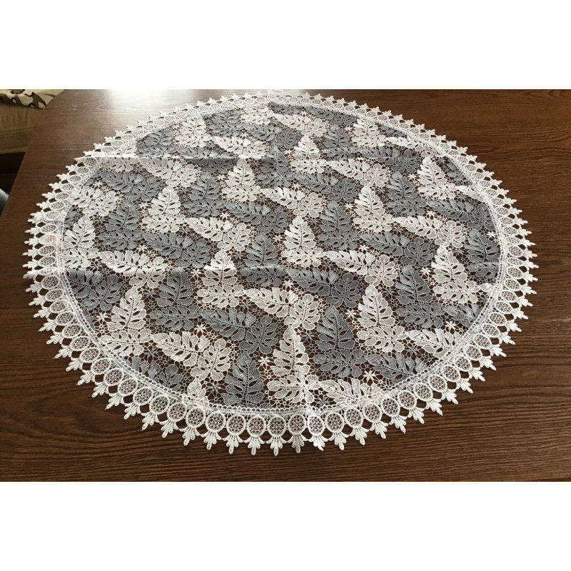 Obrus Okrągły Biało Szary Cały Koronkowy