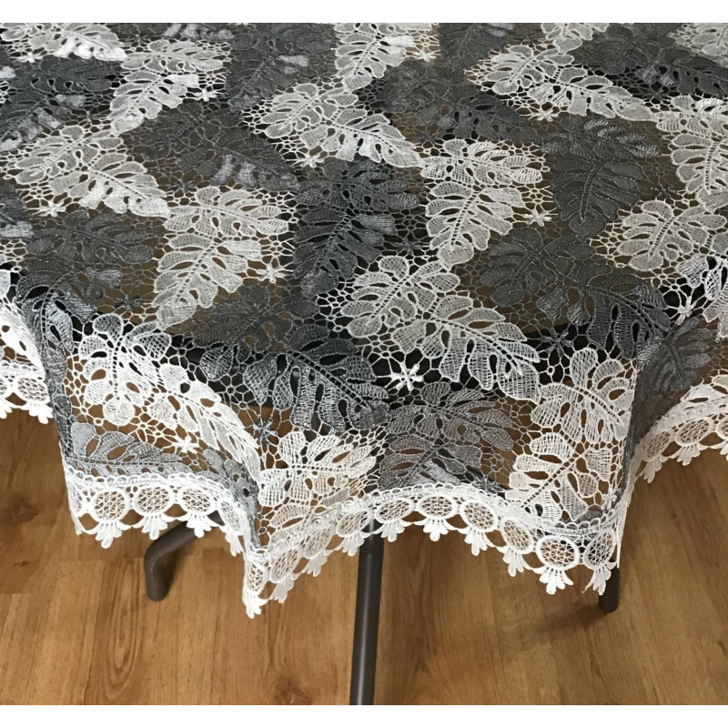 Obrus Okrągły Biało Szary Cały Koronkowy
