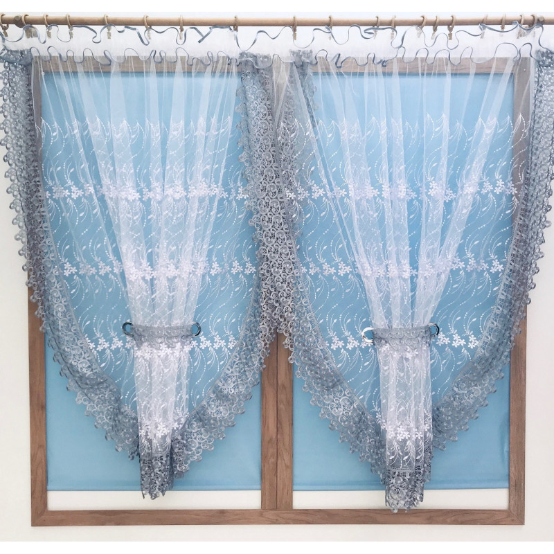 Firana Gotowa 400cmx160cm Dwa Kokony Biała Z Szarą Gipiurą